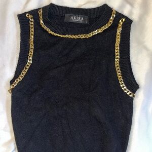 Black Cropped Sweater Tank with gold Chain embellishment